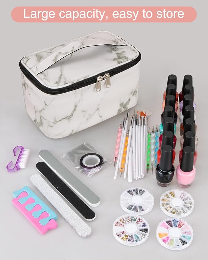 Marble Nail Art Set - Organizer with Compartment, Travel Case, Nail Tool Bag, Holder, Manicure Set Accessories