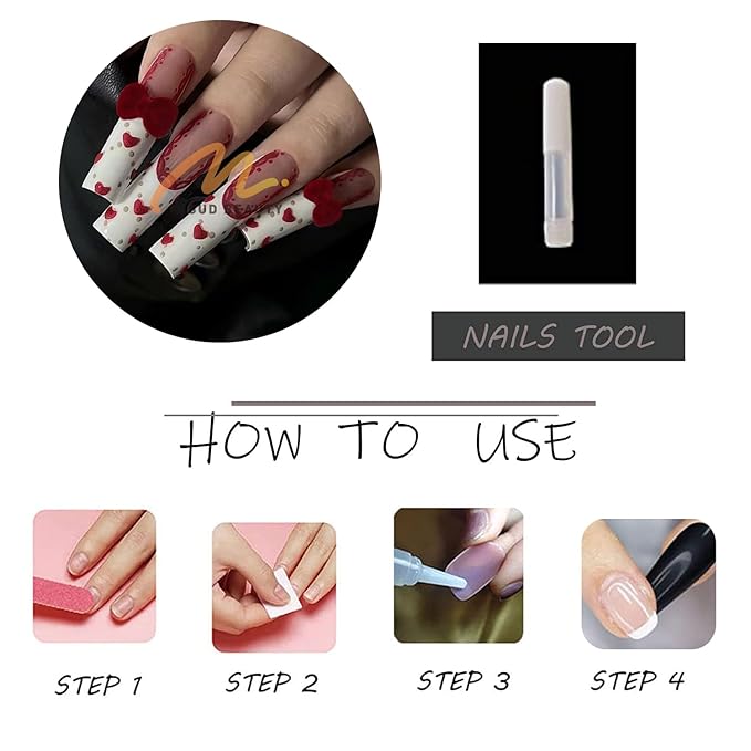 MISUD Press on Nails - Long Square Fake Nails with White French Tip, Acrylic Valentines Heart Design 24 pcs
