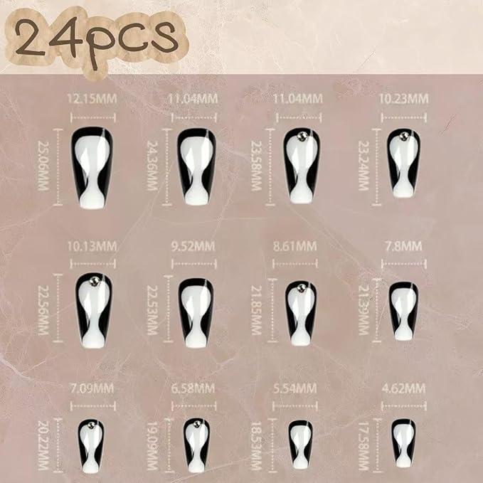 Press On Nails for Women - French Tip Fake nails,BLACK Nails with A Mesmerizing Metallic Finish,24pcs with Jelly Glue