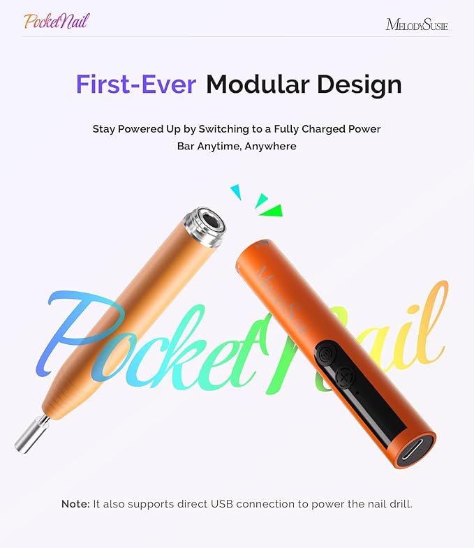MelodySusie PocketNail Pen-Shaped Cordless Modular Nail Drill, Extended Kit, PC100GR 20000RPM Slim Portable Rechargeable Electric File for Nail Care & Gel Removal at Home for Beginners, Party Peach