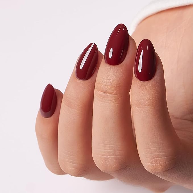 CurvLife Press On Nails – 30Pcs Soft Gel Almond Fake Nails, Reusable Glue On Nail Kit with Adhesive Tabs, Natural Fit & Salon-Quality for Women & Girls (Deep Rouge)