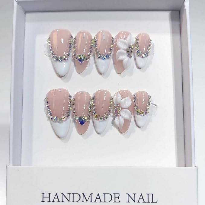 10 Pcs Flower Handmade Press on Nails Almond Shape Luxury Medium Hand Made Nails with Design Flower Artificial Stick on Nails French Tip False Nail for Women (M)