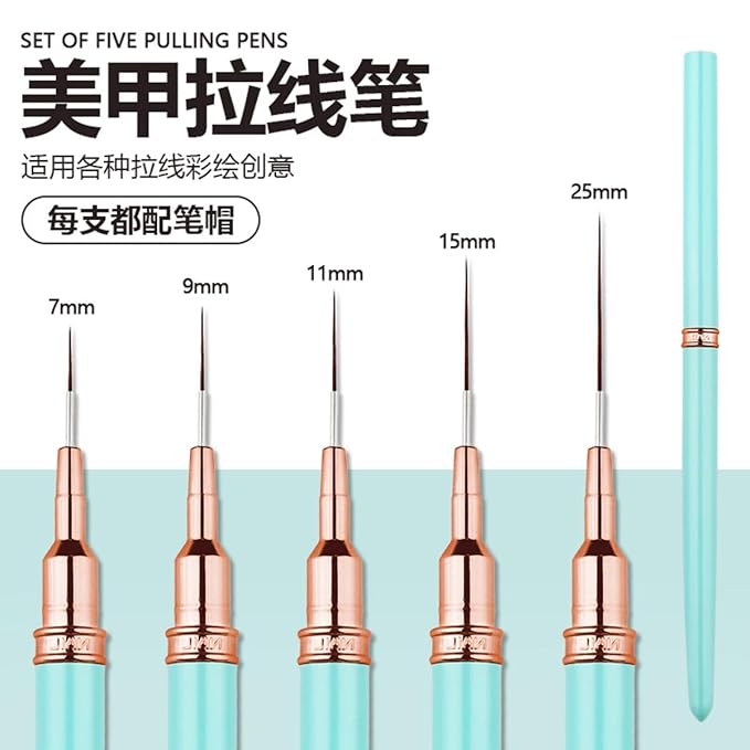 Metallic Liner Nail Art Brushes Set, Nail Art Pens, 5PCS Blue Color Nail Tools Liner Brush UV Gel Polish Painting Nail Design For Long Lines, Thin Details, Fine Drawing, Sizes 7/9/11/15/25mm