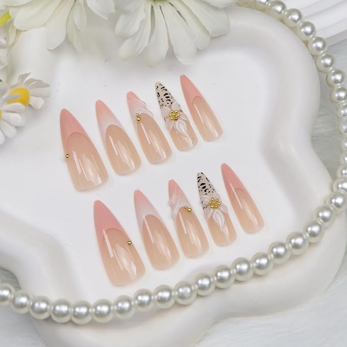 Long Press on Nails Stiletto Leopard Print Pink White French Tip Fake Nails Press ons Flower Golden Steel Balls Designs Cute Glossy Almond Glue on Nail for Women 24 Pcs