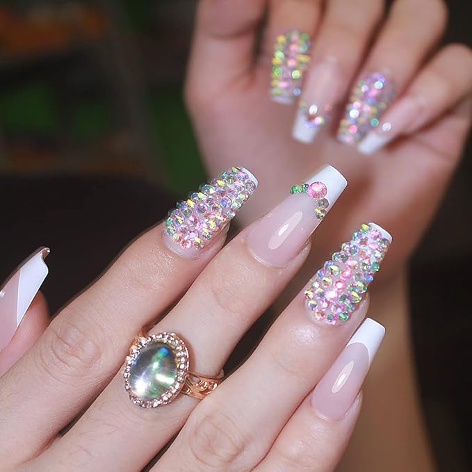 Yivaiks 24pcs Press on Nails Medium Length Coffin,Rhinestones Acrylic Fake Nails with glue kit，Glossy Crystal Ballerina Nails Press on， Stick On Nails for Women Girls