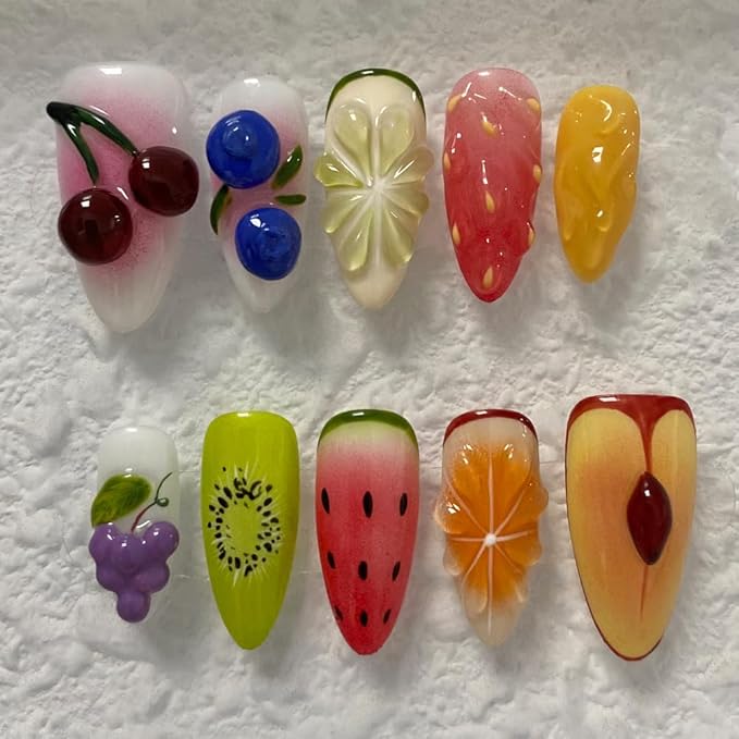 Press On Nails - Medium Almond Handmade Unique Fake Nails, Fruit Style Art Design, Thick Acrylic and Muti-Layer Gel False Nails, Reusable Gel Cured Sturdier 3D Fake Nails with Nails Kit (Size M)