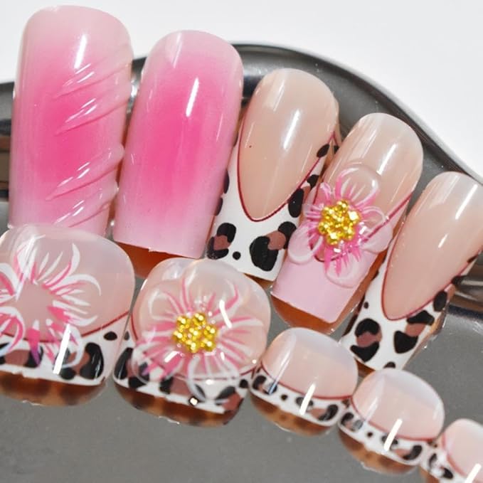 5D Flower Press on Toenails Long Square Press on Nails Leopard French Tips Fake Nails with 3D Floral Design Glossy Ombre Pink False Nails Reusable Summer False Toenails for Women Girls Manicure 48Pcs