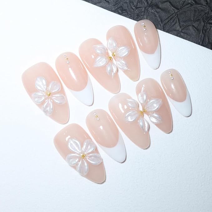 10 Medium Almond Handmade Press On Nails | Coquette Aesthetic Light Nude Pink French Fake Nails with 3D Floral & Gold Stud Accents | Reusable Salon Quality Nails (5U03, S)
