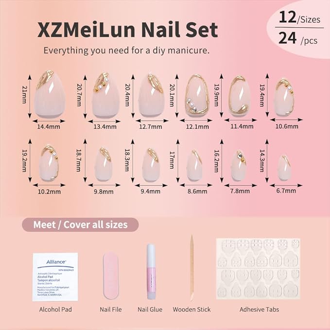 Short Almond Press on Nails with French Tip & 3D Gold Line Pearl Charms Design, Glossy Full Cover Acrylic False Nails with Glue, Reusable Stick-on Fake Nails for Women- Fall Nail Art Gift