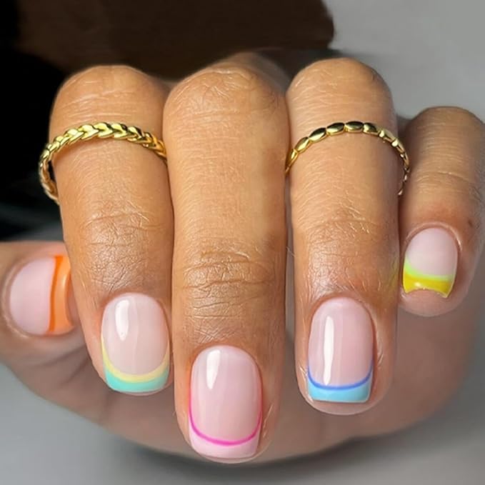 Short Press on Nails Square - Colorful French Tip Fake Nails - Cute Full Cover Stick on False Nails - for Women Manicure 24 Pcs