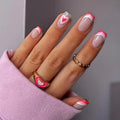 Square Press on Nails Medium - Pink French Tip with Heart Design - Gloosy Full Cover Stick on False Nails - for Women 24 Pcs