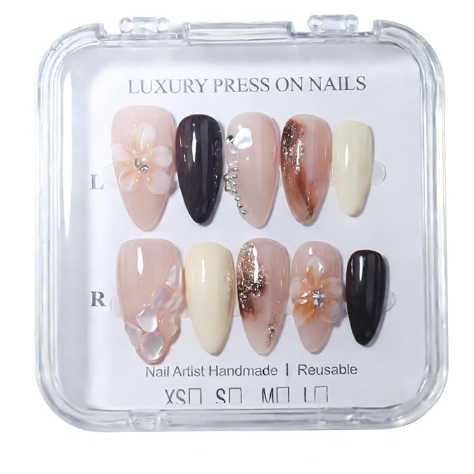10 Medium Almond Handmade Press On Nails | Light Nude Pink Fake Nails with 3D Floral, Amber Ombre & Rhinestone Accents | Reusable Salon Quality Nails (5U04, M)