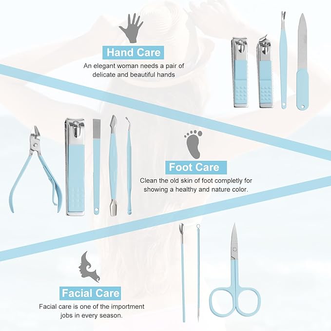 Nail Kit, Manicure Kit, Nail Care Kit for Women, Manicure Pedicure Set, Nail Clippers Toenail Clippers Kit, Professional Manicure Kit Pedicure Kit, Light Blue Travel Case, Set of 12.