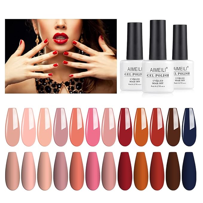 AIMEILI Soak Off U V LED Hema Free Fall Gel Nail Polish Set for Halloween Nail Art Gifts, Cruelty Free, Vegan, Wine Brown Neutral Gel Nail Polish Set Of 12pcs - Kit Set 4