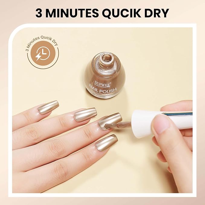 Champagne Mirror Nail Polish Quick Dry Metallic Nail Polish Non Gel High Glossy Nail Lacquer Air Dry Chrome Nails Polishes Oil-based Holo Fingernail and Toenail