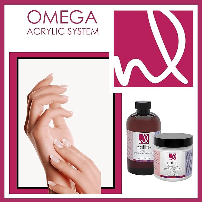 Omega – Professional Acrylic Powder for Nail Extension System, Extra Adhesion, Resistant, EMA Formula and Non-Yellowing Effect – Clear (8 Oz.)