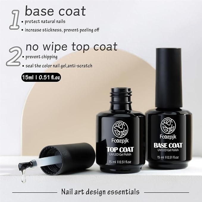 Gel Top Coat, 2Pcs 15ml No Wipe Top Coat and Base Set Glossy Finish Shiny Top Nail Polish Soak Off Clear Base Gel Manicure Art Supplies