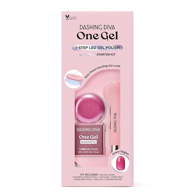 Dashing Diva One Gel Magnetic Starter Kit - Villainous - 3 in 1 Base Coat, Nail Color & Top Coat - Magnetic Polish - 9-Piece Manicure Set with LED Gel Lamp