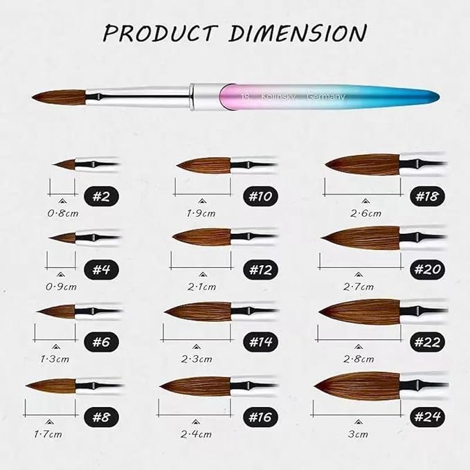 100% Pure Kolinsky Acrylic Nail Brush Size 8, Hair Acrylic Crystal Ombre Pink Silver Blue Handle with Silver Ferrule Round Shaped for Women Girls Manicure Nail Tools Accessories
