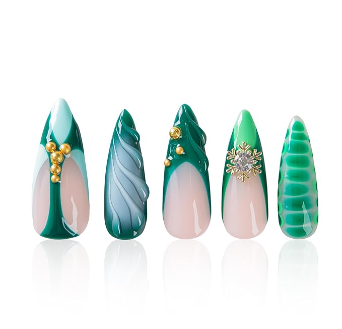 LOVFUL Short French Tip Press on Nails Forest Jewel | Handmade Acrylic Press ons| Reusable Fake False Nails | Stiletto Classic Regular 1.3in | H698-S