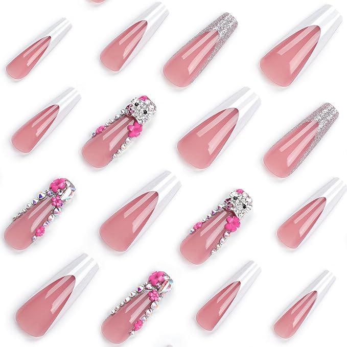 24Pcs Christmas Artifical Acrylic Nails - Reusable Coffin Gold Sequins Charm Rhinestone Design Square Fake Nails Gradient Full Cover Glue on Nails for Women