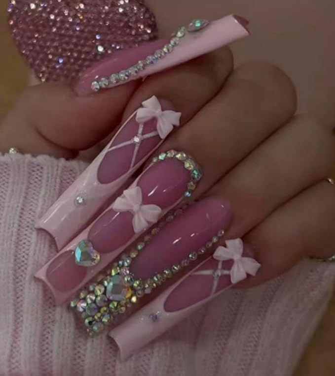 Press on Nails Square - Extra Long Fake Nails with 3D Rhinestones and Bows, Pink French Tips Cute False Nail, Stick On Nails for Women, 12 Sizes - 24 Nail Kit, Candy Ballet