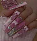 Press on Nails Square - Extra Long Fake Nails with 3D Rhinestones and Bows, Pink French Tips Cute False Nail, Stick On Nails for Women, 12 Sizes - 24 Nail Kit, Candy Ballet