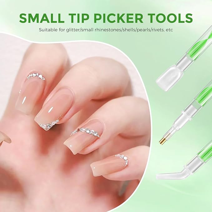 Rhinestone Picker Tool Kit: 2Pcs Rhinestone Picker Handle, Dual-Ended Rhinestones Applicator Bedazzling Tools Pen with 12 Upgraded Plastic Replacement Tips, Clay Nail Art Craft (Green)