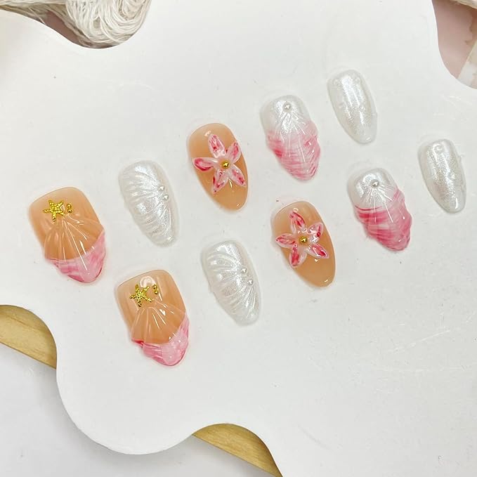 Handmade Press on Nails Flower Press on Nails Short Almond Fake Nails Shell Acrylic Nails Reusable Star False Nails Glossy Designs for Women Girls DIY Manicure Decorations (Size S)