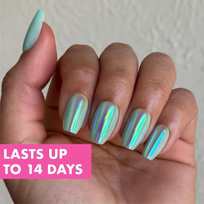 Olive & June Maximalist Instant Mani Press-On Nails (Glue) | 42 Fake Nails, 21 Sizes | Non-Toxic, Long-Lasting Big, Bold Gorgeous Realistic Look | Salon-Quality | Medium, Coffin | Teal Glass Chrome