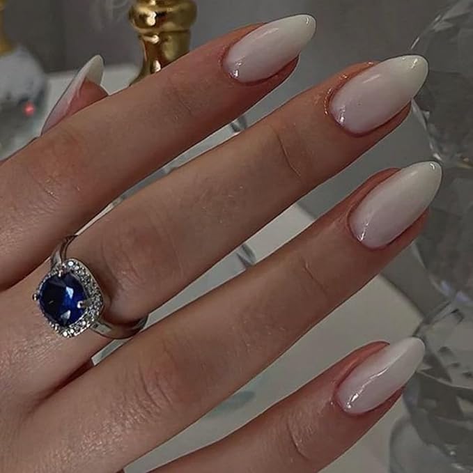 GLAMERMAID Nude White Glitter Press On Nails Short Almond, Translucence Milk White Handmade Soft Jelly Gel Fake Nails, Round Oval Stick Glue on Nails Kit for Women, Reusable Acrylic False Nail Set