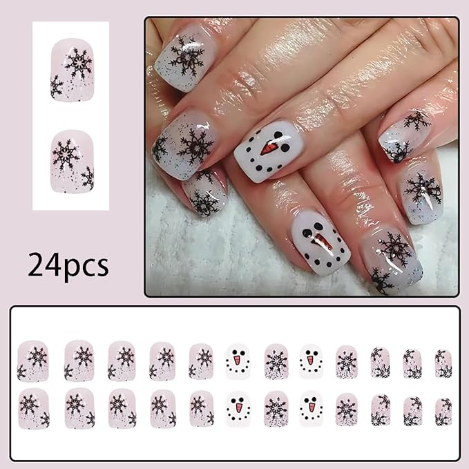 24pcs Christmas Press on Nails Short Square Black Snowflake Designs Cute Snowman False Nails With Glitter Winter Xmas Artificial Nail Decoration for Women Girl