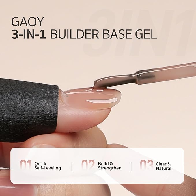 GAOY 2 Pcs Glassy Gel Top Coat and Rubber Base, Jelly Builder Base Nude Sheer Pink 02 Nude Jelly with Detailed Liner Brush, Soak Off Nail Strengthener UV Light Cure