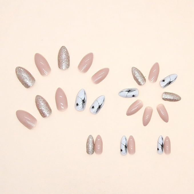 Medium Almond Press on Nails Silver Fake Nails White Leopard Print Designs Acrylic Glue on Nails Full Cover Pink Glossy Artificial Stick on Nails for Women 24 Pcs