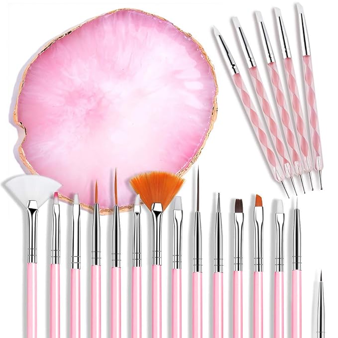 21 Pcs Nail Art Brushes Nail Art Tool Set Resin Palette Nail Art Painting Mixed Color 2 Way Acrylic Silicone Carving Pen Dotting Pen Tool Manicure Kit DIY Makeup Display Board for Home Salon, Pink