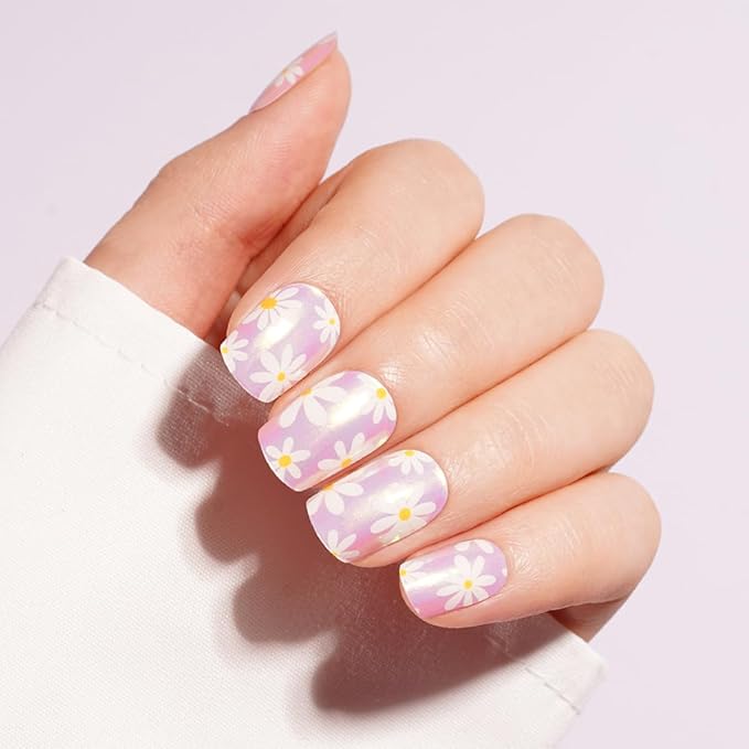 Spring Semi Cured Gel Nail Strips - 20Pcs Flower UV Gel Nail Wraps with Aurora Design, Long Lasting Salon-Quality Stickers, Includes Nails File & Wooden Stick - UV/LED Lamp Required