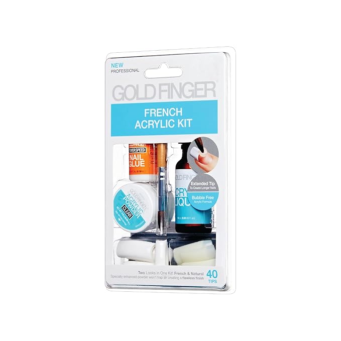 GOLDFINGER Professional French Acrylic Kit, Full Nail Extension System with Acrylic Clear Powder and Liquid, Essential Tools, Nail Glue Included, 40 Tips for French & Natural Styles