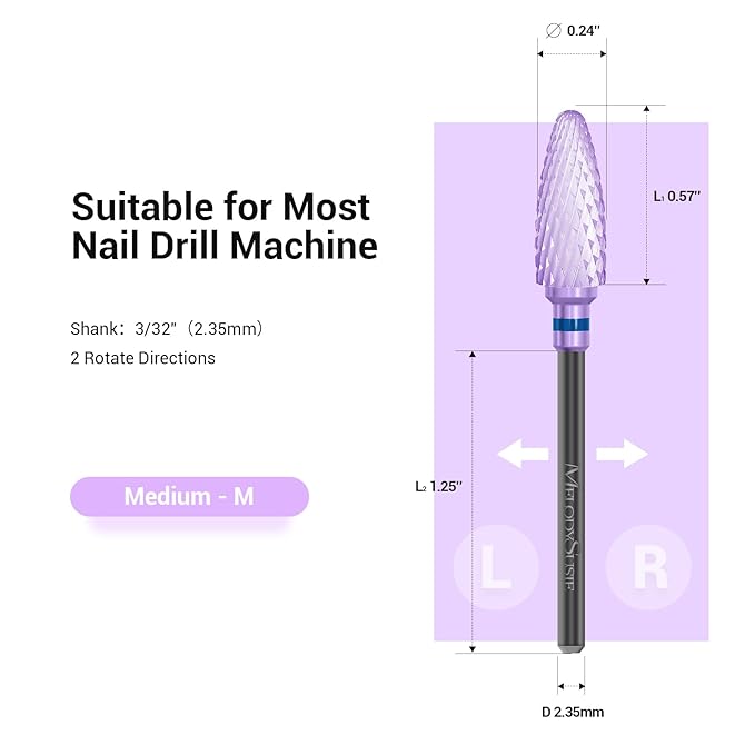 MelodySusie Ceramic Nail Drill Bit, 3/32'' (2.35mm) Professional Acrylic Nail File Flame Drill Bit for Manicure Pedicure Cuticle Gel Nail Polishing, Beginners Bits, Purple, Series Bit-S, Medium