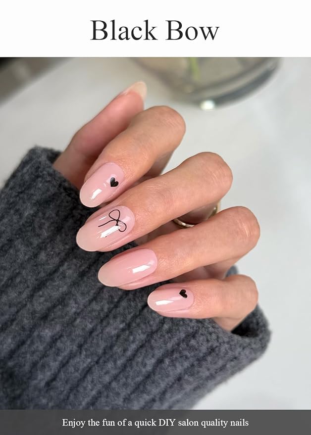 Semi Cured Gel Nail Strips (Black Bow), Jelly Nude, 20 Pcs Gel Nail Wraps, Stickers, UV Light Required, Salon Quality, Long Lasting