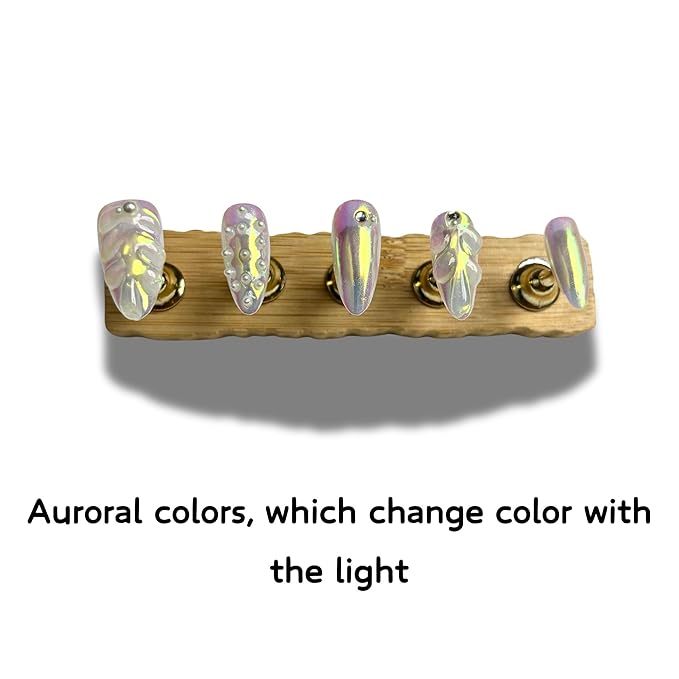 Handmade 3D Press On Nails Short Oval - 10Pcs Chrome Pearl Reusable Acrylic False Nails with Luxury GeL Charms Salon Design, Stick On Nails for Women Girls Gift (001, S)