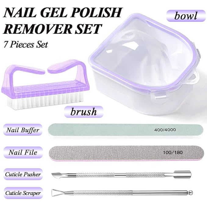 Nail Soaking Bowl, Gel Nail Polish Remover Kit, Manicure Bowl for Hand, Dip Powder Remover Tools, Nail Soak Off Bowl for Acrylic Nails, Nail Brush, Cuticle Pusher, Cuticle Peeler, 100/180 Nail File,