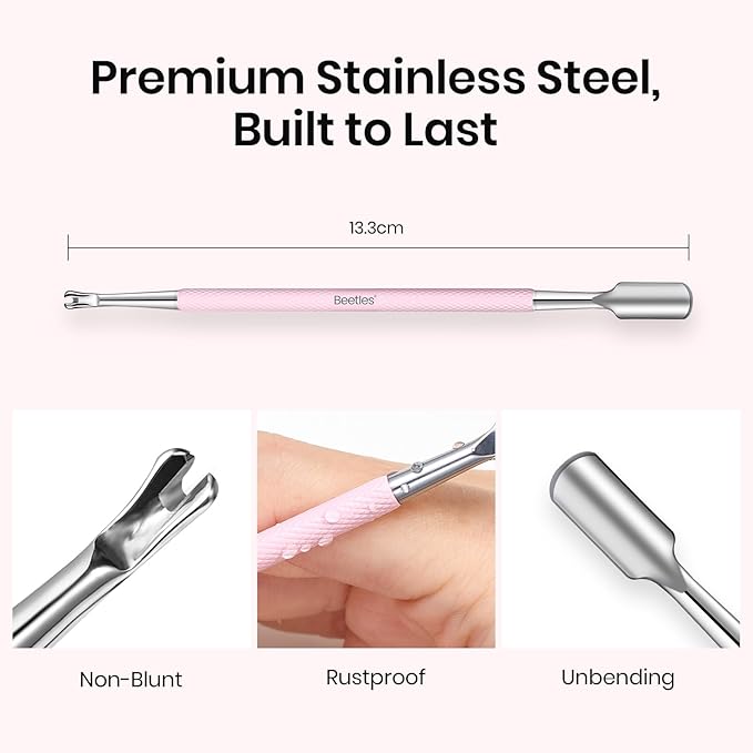 Beetles Cuticle Pusher Dual Ended Cuticle Remover with Round End Push Back Cuticles Fork End Remove Lifted Cuticles Nail Prep Tool Stainless Steel Pink Two in One Dead Skin Nail Scraper