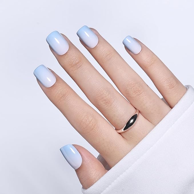 Ombre Press On Nails Square - Light Blue Short Square Fake Nails, Blue Press On Nails Reusable Stick On Nails in 15 Sizes, 30pcs False Nail Kit for Women & Girls (Blue Ombre)