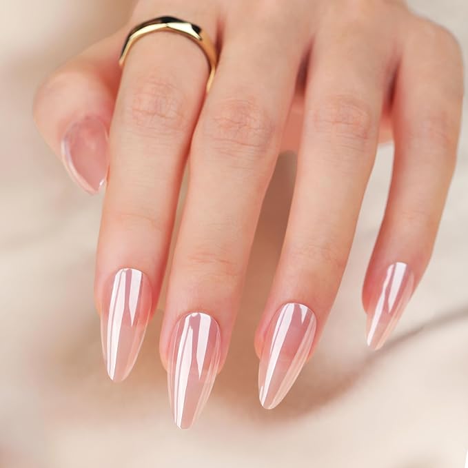 24PCS Almond Medium Press On Nails - Rose Gold Mirror Chrome & Soft Pink Ombre, High-Shine Stiletto Fake Nails for Bridal & Party Glam
