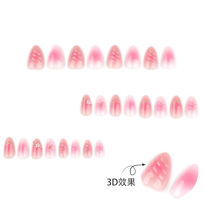3D Flower Press On Nails Short Almond – Pink White Ombre Gold Line Designs, Acrylic Reusable Fake Nails with Adhesive Tabs Glue, Salon Quality Nail Press Ons - Nail Kit for Women Manicure