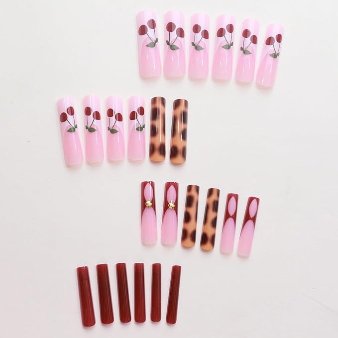 MISUD Press on Nails - Extra Long Square Glue on Nails with Red Cherry, Acrylic Tortoise Design 24 pcs