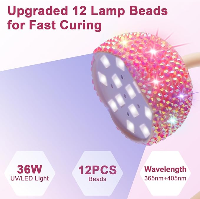 CGBE UV LED Nail Lamp, 36W Mini Cordless Flash Cure Lamp, USB Rechargeable Goosenecks LED Nail Light with 4 Timers & Auto Sensor for Salon Home DIY Use, Pink Diamond