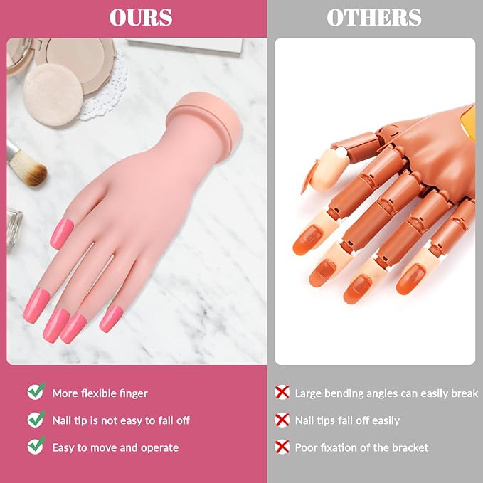Practice Hand for Acrylic Nails Flexible Bending Nail Practice Hand Training Fake Hand Nail Hand Practice Tools with 100PCS Nail Tips, 120PCS Jelly Double Sided Nail Adhesives and 9PCS Brush