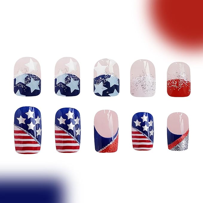 96Pcs Independence Day Press on Nails Short Square Fake Nails with Gold Glitter Design Red and Blue Color Scheme False Nails America Flag Stick on Nails for Women 4th of July Manicure Art