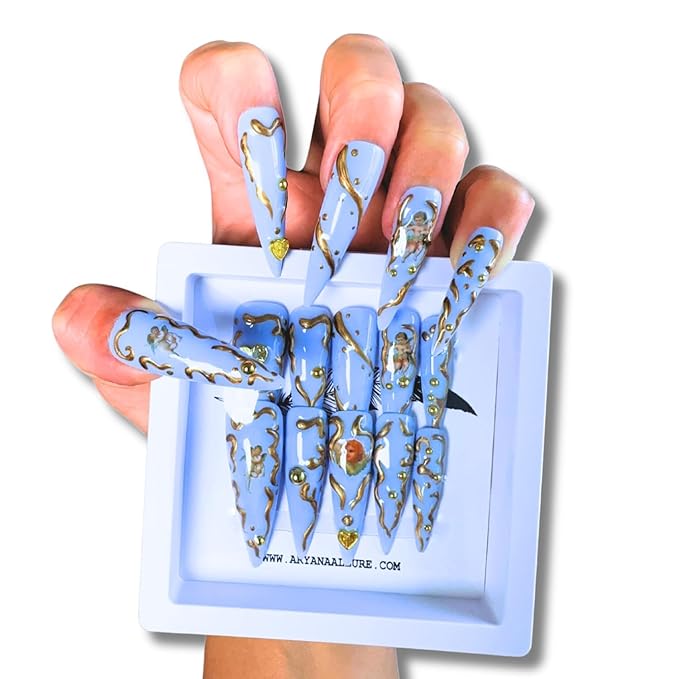 ARYANA NEW YORK Luxury 3D Press-On Nails – Handmade Long Stiletto False Nails for Women, Acrylic Look Blue Design with Gold Beads | Blue Angels Collection (Medium)